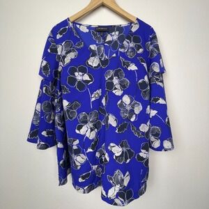 LANE BRYANT BLUE BLACK FLORAL BELL SLEEVE V-NECK BLOUSE SIZE 18/20